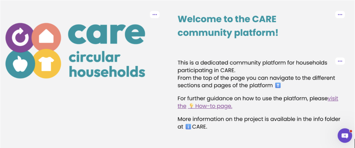 Screenshot of the CARE community platform welcome page showing navigation, project information and platform sections