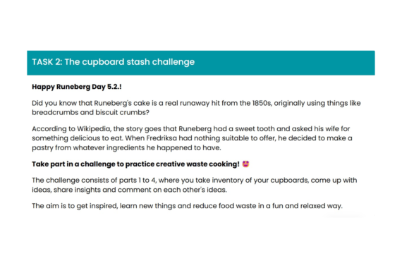Screenshot of a community challenge encouraging participants to use available food items creatively to reduce food waste