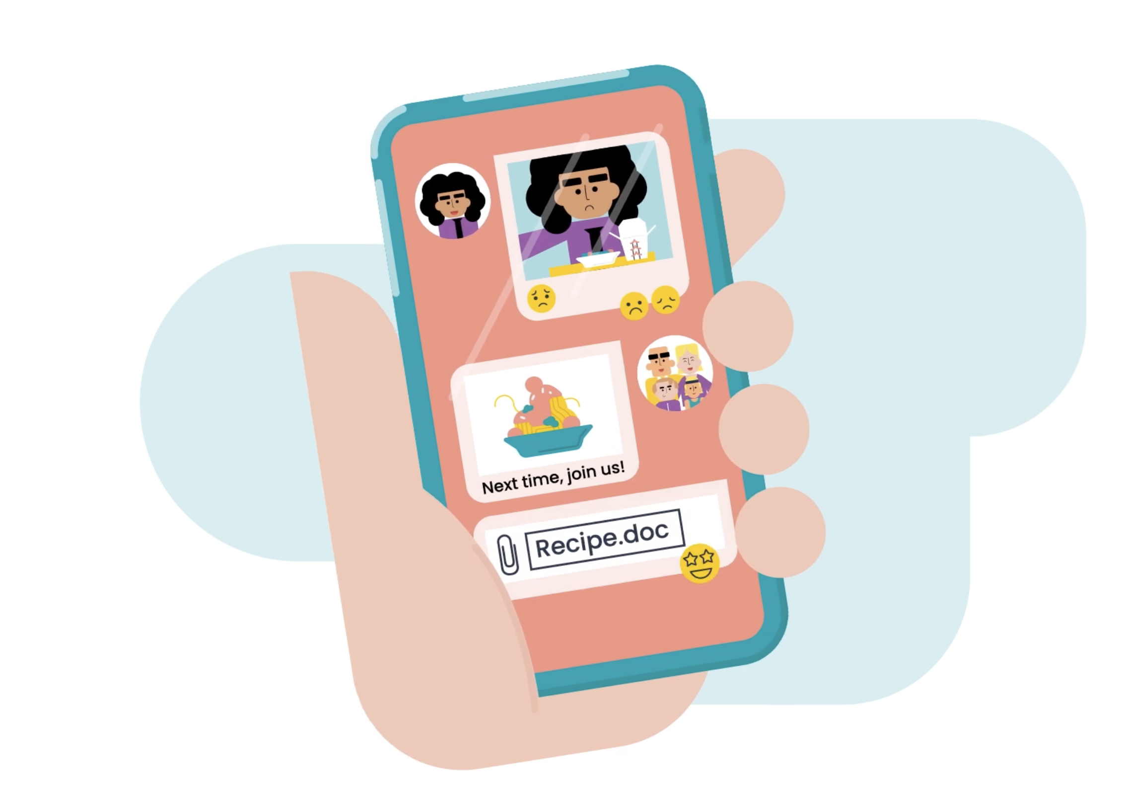 Illustration of a smartphone showing a community post about reducing waste and a local advisory service, with icons and user reactions