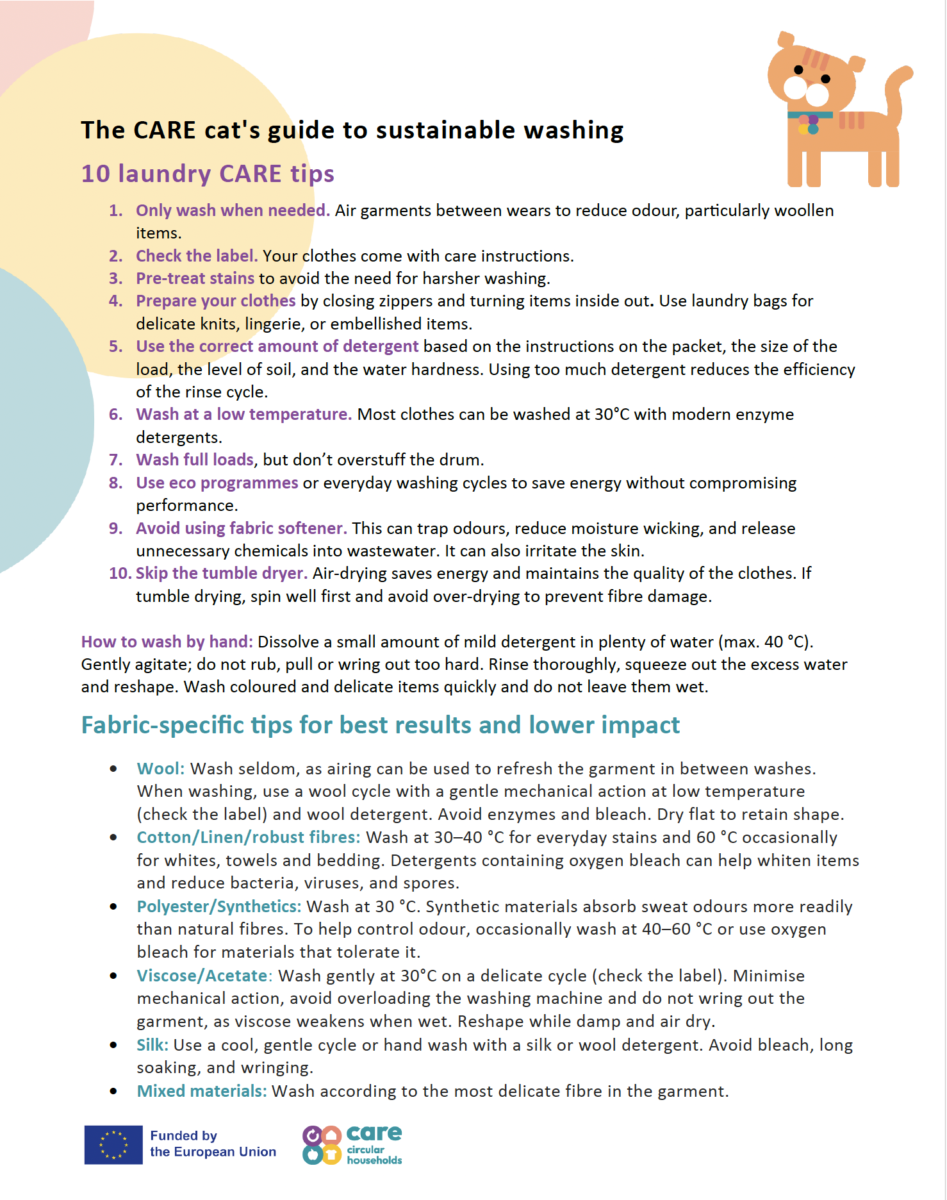Preview of the CARE one-page guide with ten sustainable laundry tips and fabric-specific washing advice